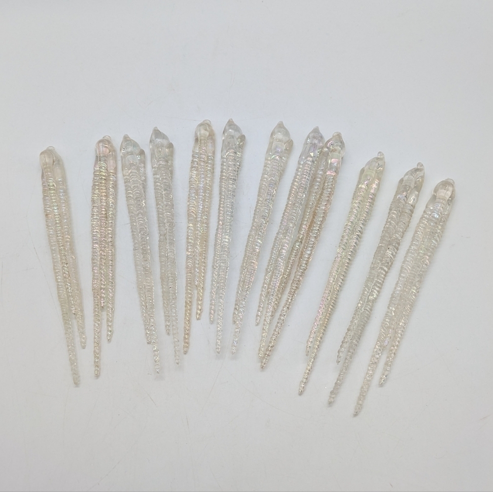 Set Of 12 Vintage Plastic 3 Point Iridescent Icicle Christmas Tree Ornaments